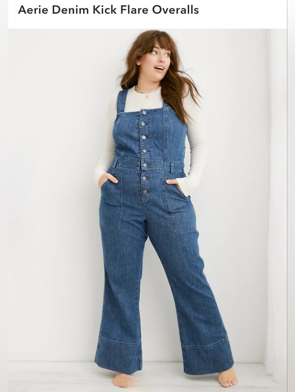Aerie Medium Blue Button-Front Wide Leg Denim Overalls - Picture 4 of 16